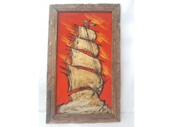 Vintage MCM Tall Ship On Red Velvet Painting Acrylic On Canvas Rare