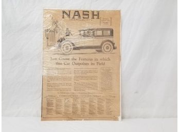 Antique 1920's Newspaper Advertisement For Nash Deluxe Light Six Sedan