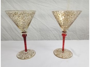 Martini Glasses Red Stem Gold Accented