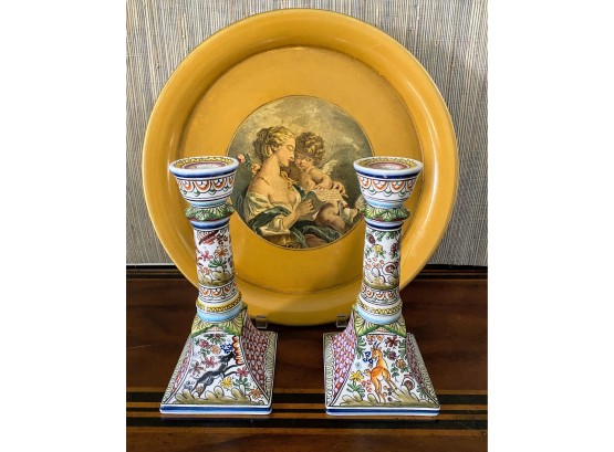 Metal Platter And Hand Painted Candlesticks