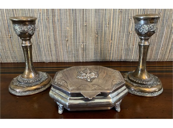 Lovely Sterling Box And  Sterling Candleholders