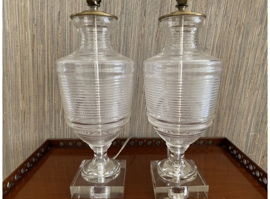 Pair Of Transitional Glass Lamps On Acrylic Base - Vaughan