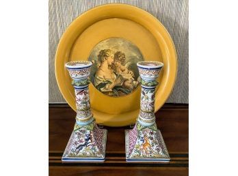 Metal Platter And Hand Painted Candlesticks
