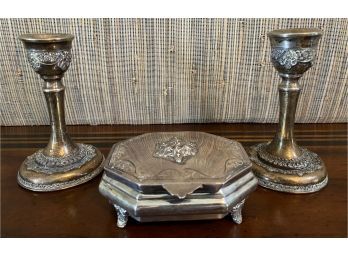 Lovely Sterling Box And  Sterling Candleholders
