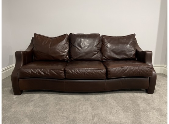 Thomasville Brown Leather Camelback Three Cushion Sofa