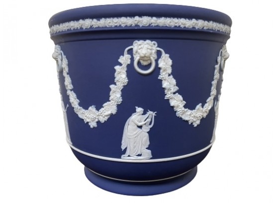 Antique Large Wedgwood Dark Blue Jasperware Jardiniere Cache Pot