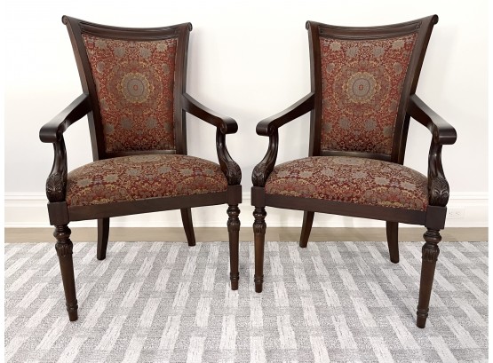 Regency Style Armchairs Upholstered In A Silk Blend Metallic Medallion Fabric- A Pair
