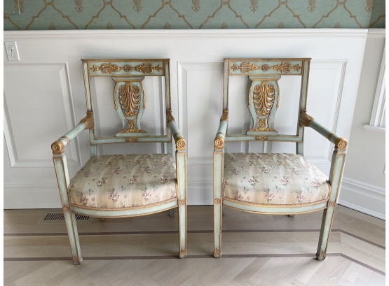 Gorgeous Mint Green & Gilt Carved Empire Style Armchairs- A Pair