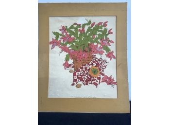 Christmas Cactus Art In Tan Cardboard Frame