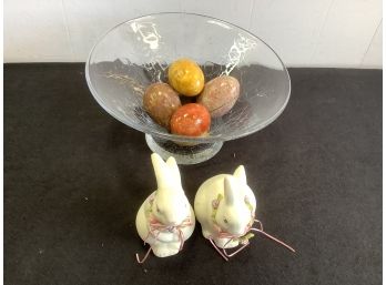 Easter Lot With Stone Eggs And Bunnies With Crackled Glass Bowl