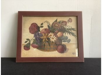 Signed Art In Maroon Frame Of A Basket Of Flowers