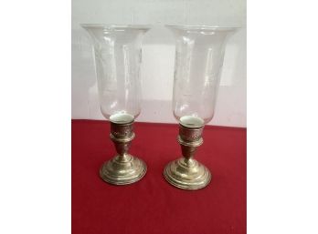 Wallace Sterling Weighted Reinforced Candle Stick Holders With Glass Covers