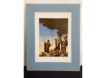 Art Print Of Three Men Looking Up To The Sky In Blue Cardboard Frame