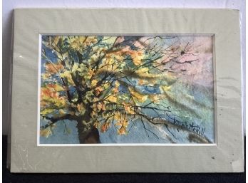 Signed Watercolor Of A Tree In The Fall With Grey Cardboard Frame