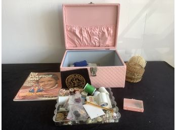 Vintage Pink Quilted Sewing Box Lot