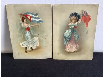 Turkish Trophies Signed Art Lot Of 2 Of Women Holding Flags