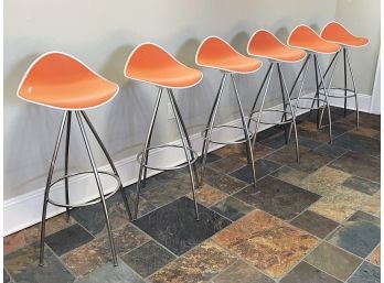 A Set Of 6 'Onda' Bar Stools By Jesus Casca With Attractive Tangerine Seats