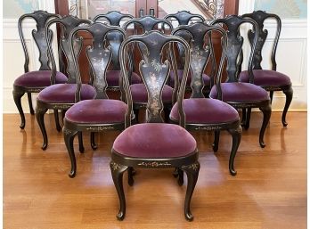 A Set Of 10 Exquisitely Hand Painted Parcel-Gilt Lacquerware Dining Chairs In Queen Anne Chinoiserie Style