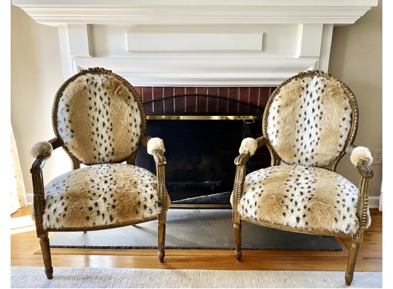 Pair French Louis Chairs In Faux Fur