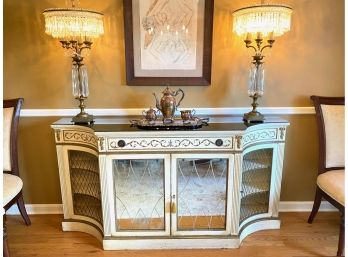 Mirrored Top French Style Console With Etched Glass Front Doors