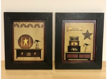 Pair Of Wooden Olde Farmhouse Pictures