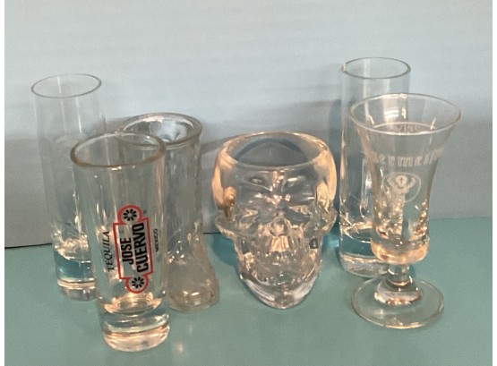 Assorted Lot Of Vintage Clear Shot Glasses (Skull, Boot, Jose Cuervo, Etched Glass, Etc)