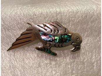 Vintage Mexico Alpaca Silver Tone And Abalone Parrot Pin