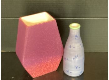 Pair Ceramic Flower  Vases:  Purple/Pink And Blue Bud