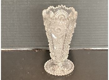 Vintage Clear Early American Glass Fluted Footed Vase Sawtooth Rim