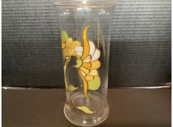 Vintage Hand Painted Floral Clear Glass Tall Vase  Multicolor Floral Design (9  Inches)