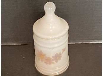Vintage White Floral Painted Milk Glass Lidded Jar