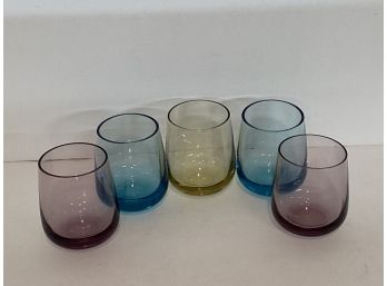 Vintage Set Of Five (5) Multicolor Short Lowball Glasses