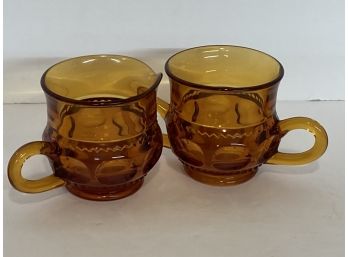 Vintage Amber Indiana Glass King's Thumbprint Creamer And Open Sugar
