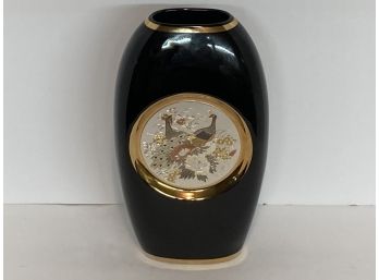Vintage Black Porcelain Chokin Art Swan Vase