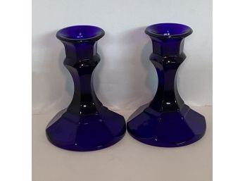 Vintage Pair Cobalt Blue Depression Ear Candle Stick  Holder  7.5 Inches Tall