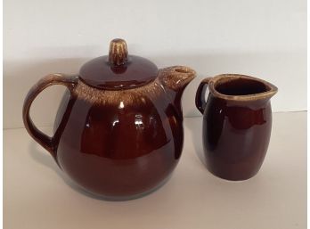 Vintage Hull Pottery USA Drip Glaze Teapot/Coffee Pot And Creamer Small Chip On Spout Of Creamer