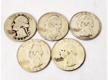 Five Vintage US Silver Quarters 1937, 1954, 1962 & 1964 - Lot H