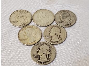 Six Vintage US Silver Quarters - 1942, 1948, 1957, 1960, 1962 & 1964 - Lot A