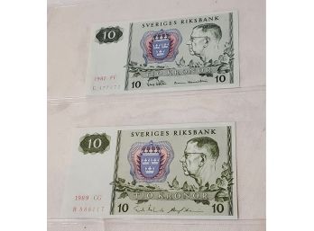 Two 1981 & 1989 Sveriges Riksbank Tio Kronor Sweden 10 Banknotes