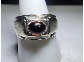 Handsome Retro Vintage Handcrafted Silver Men's Ring With Burgundy Cabochon Stone Size 10.5