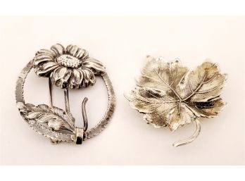 Two Vintage Solid Sterling Silver Flower & Leaf Ladies Pins / Brooches