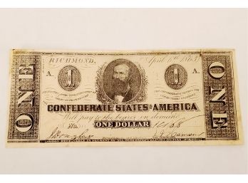 Antique Confederate States Of America Paper Money One Dollar Bill - Richmond April 6, 1863