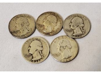 Five US Silver Quarters - 1936, 1948 & 1964 - Lot C
