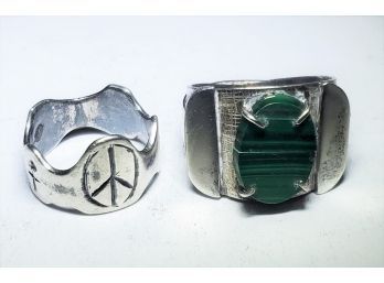 Two Handcrafted Vintage Retro Silver Rings - Men's Malachite & Small Unisex Ring