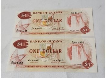 Two Vintage Bank Of Guyana Uncirculated One Dollar Banknotes