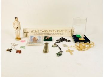 Religious Lot With Prayer Candles- 2 Rosary Beads- Book Mark- St. Anthony Charms- Stone Crosses & More