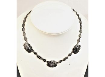 Lovely Designed Vintage Sterling Silver & Marcasite Necklace With Leaf Motif Chain And Floral Clusters