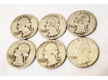 Six United States Silver Quarters - 1942, 1943, 1945, 1946, 1958 & 1964 - Lot I