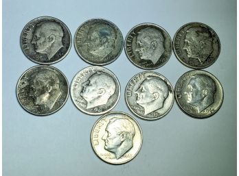 Nine Vintage US Roosevelt Dimes - Years Ranging From 1946 To 1965