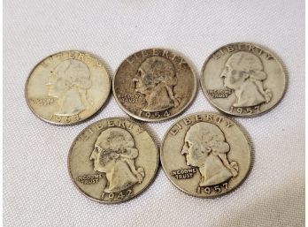 Five Vintage US Quarters - 1942, 1954, 1957 & 1964 - Lot B